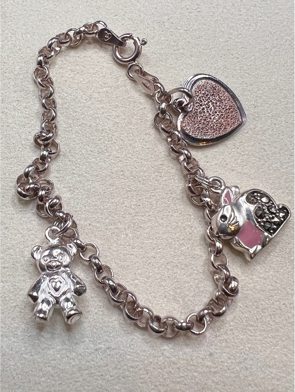 Charm Bracelet Teddy Bunny Heart Stefani Argento 925 Italy Sterling Silver